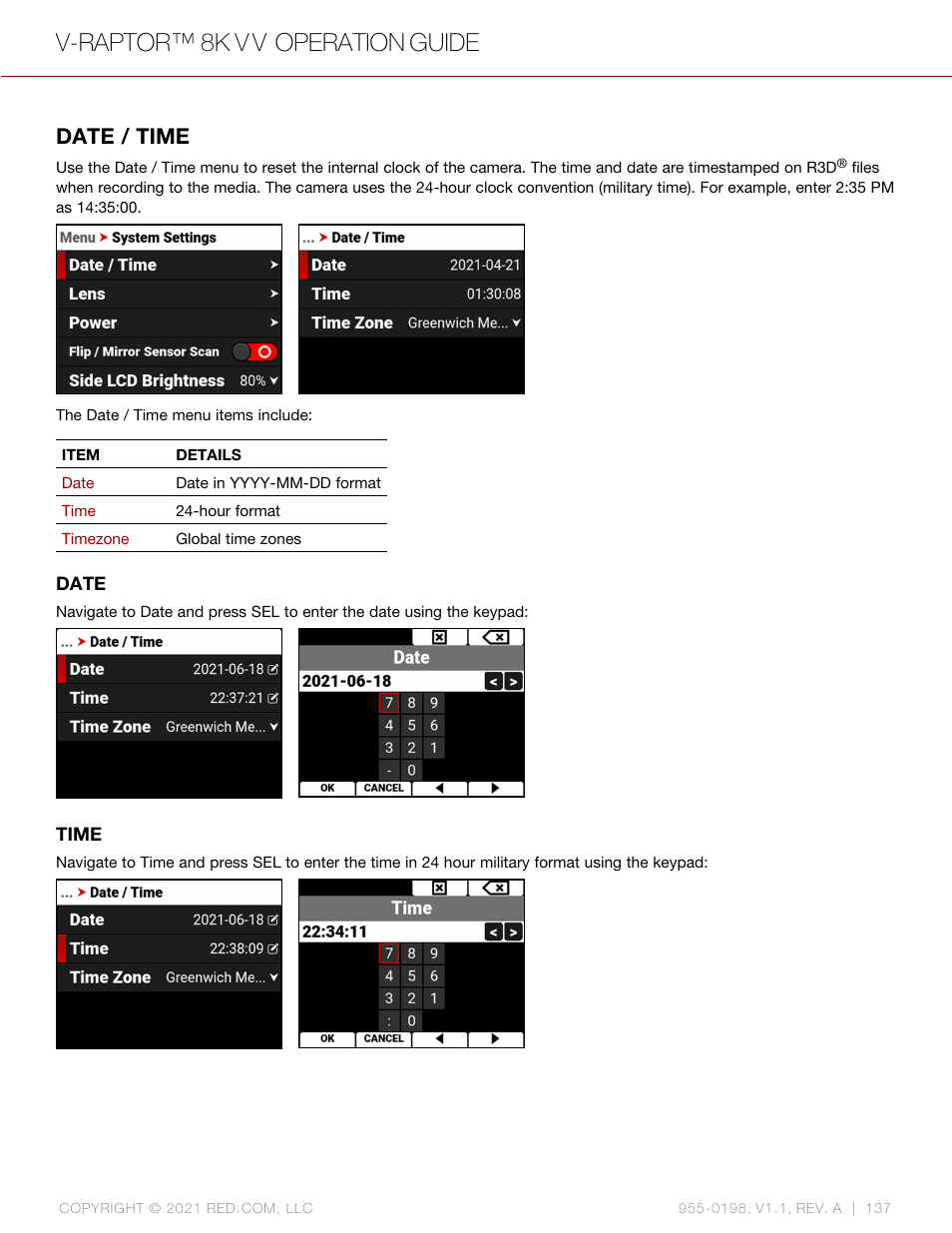 Date / time, V-raptor™ 8k v v operation guide | RED DIGITAL CINEMA V-RAPTOR 8K VV DSMC3 Camera (RF, Black) User Manual | Page 144 / 226