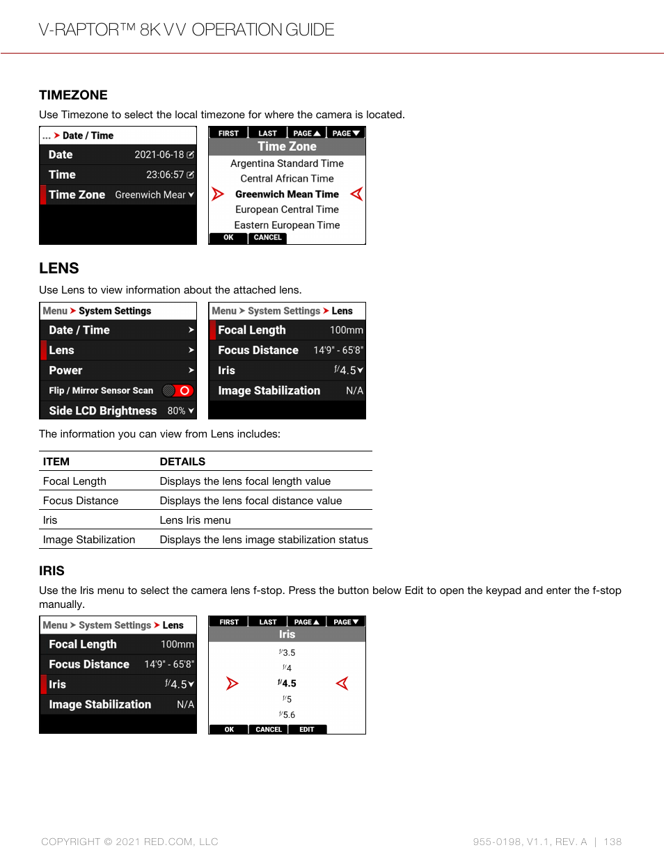Lens, V-raptor™ 8k v v operation guide | RED DIGITAL CINEMA V-RAPTOR 8K VV DSMC3 Camera (RF, Black) User Manual | Page 145 / 226
