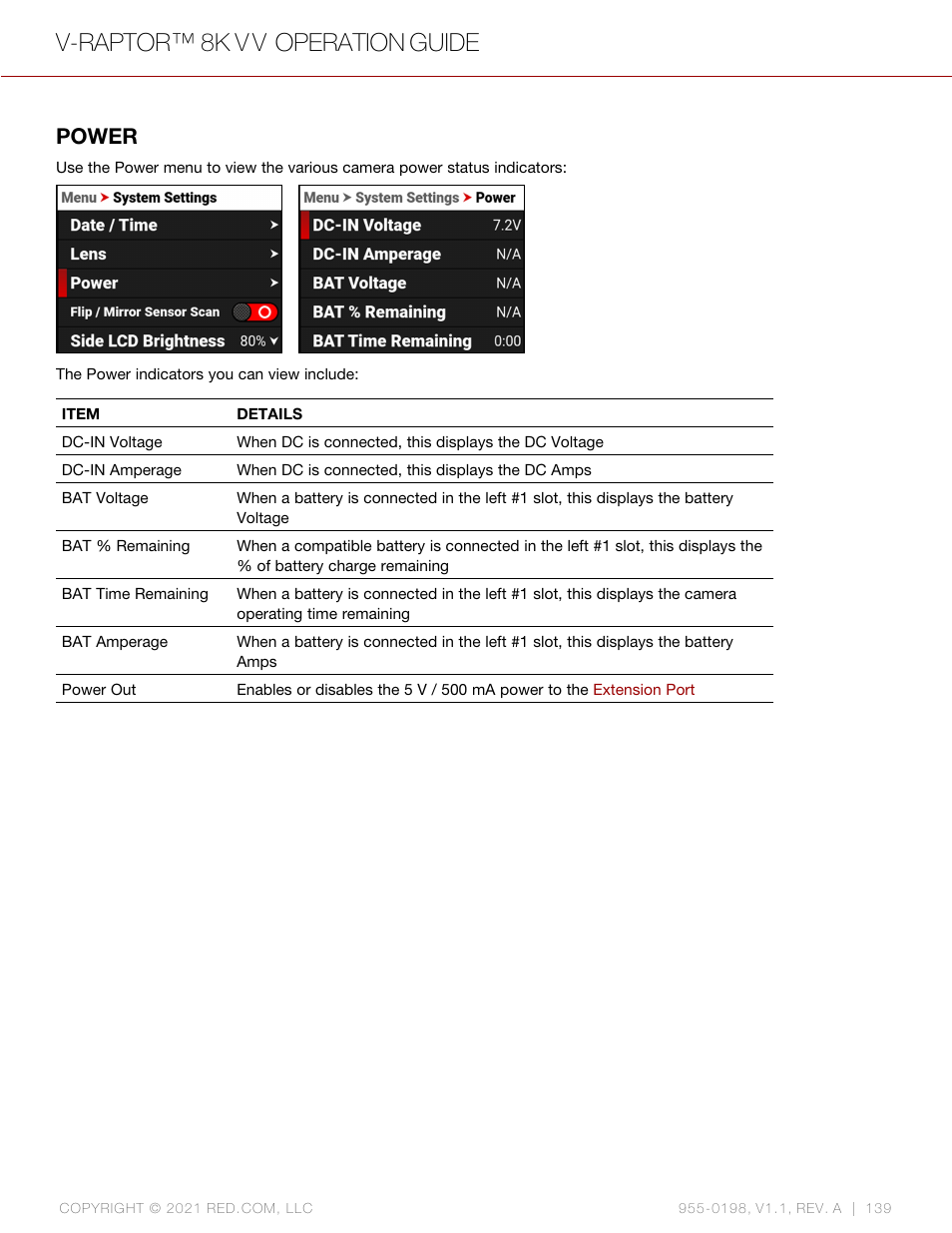 Power, V-raptor™ 8k v v operation guide | RED DIGITAL CINEMA V-RAPTOR 8K VV DSMC3 Camera (RF, Black) User Manual | Page 146 / 226