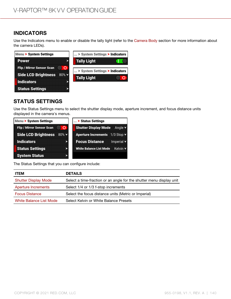 Indicators, Status settings, V-raptor™ 8k v v operation guide | RED DIGITAL CINEMA V-RAPTOR 8K VV DSMC3 Camera (RF, Black) User Manual | Page 147 / 226