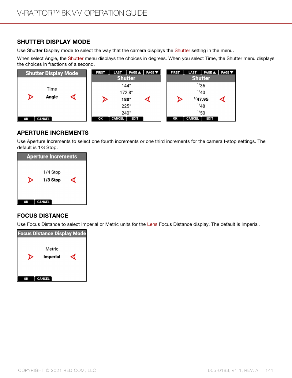 Shutter display mode, Aperture increments, Focus distance | V-raptor™ 8k v v operation guide | RED DIGITAL CINEMA V-RAPTOR 8K VV DSMC3 Camera (RF, Black) User Manual | Page 148 / 226