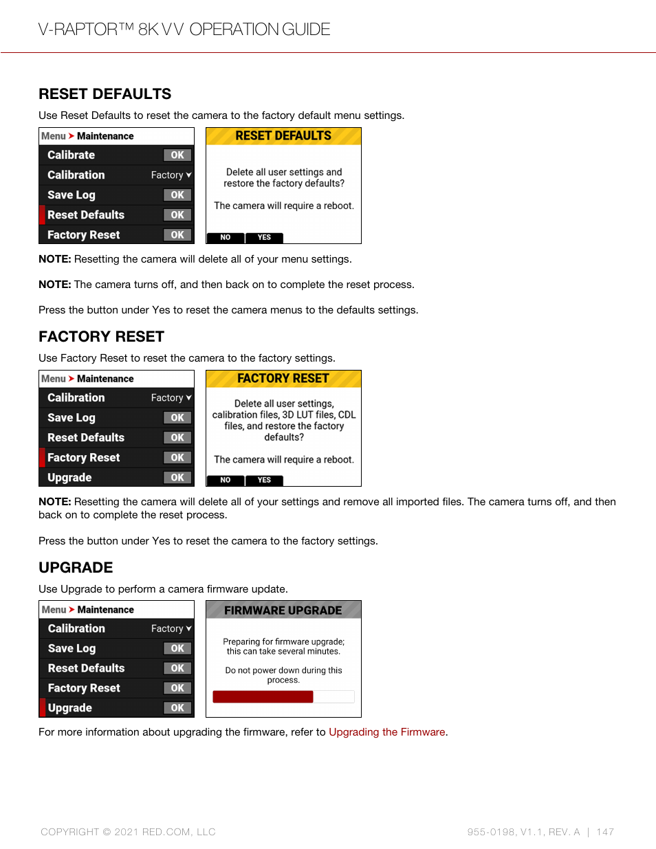 Reset defaults, Factory reset, Upgrade | V-raptor™ 8k v v operation guide | RED DIGITAL CINEMA V-RAPTOR 8K VV DSMC3 Camera (RF, Black) User Manual | Page 154 / 226