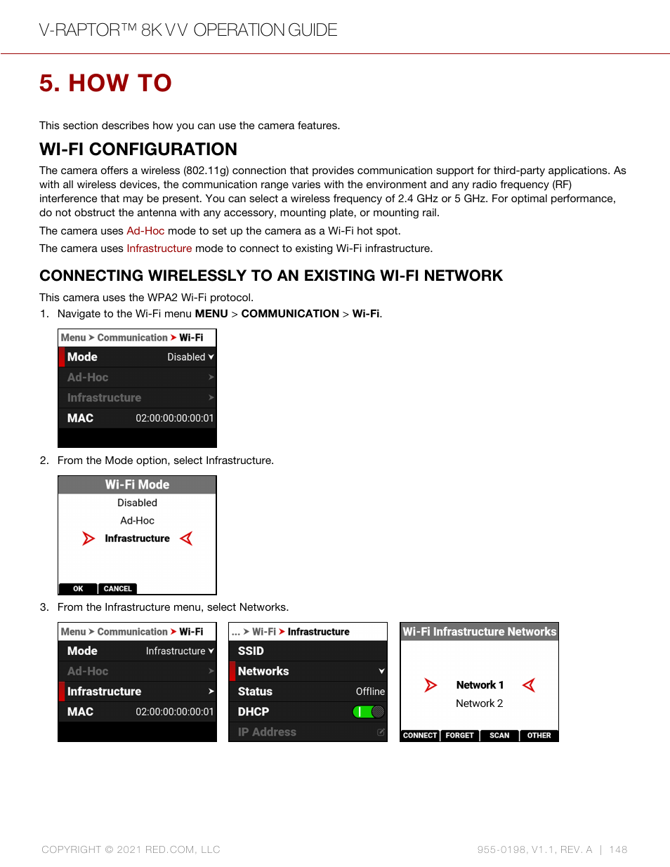 How to, Wi-fi configuration, Connecting wirelessly to an existing wi-fi network | V-raptor™ 8k v v operation guide | RED DIGITAL CINEMA V-RAPTOR 8K VV DSMC3 Camera (RF, Black) User Manual | Page 155 / 226