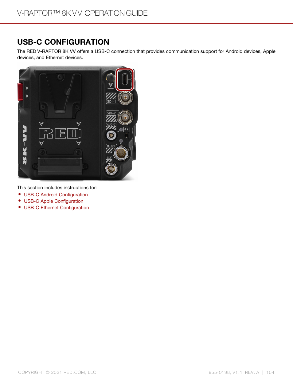 Usb-c configuration, V-raptor™ 8k v v operation guide | RED DIGITAL CINEMA V-RAPTOR 8K VV DSMC3 Camera (RF, Black) User Manual | Page 161 / 226