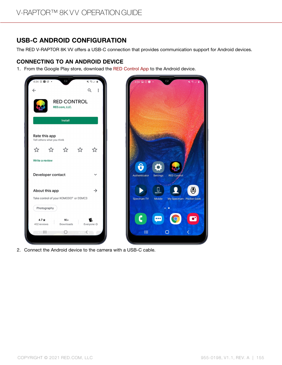 Usb-c android configuration, V-raptor™ 8k v v operation guide | RED DIGITAL CINEMA V-RAPTOR 8K VV DSMC3 Camera (RF, Black) User Manual | Page 162 / 226