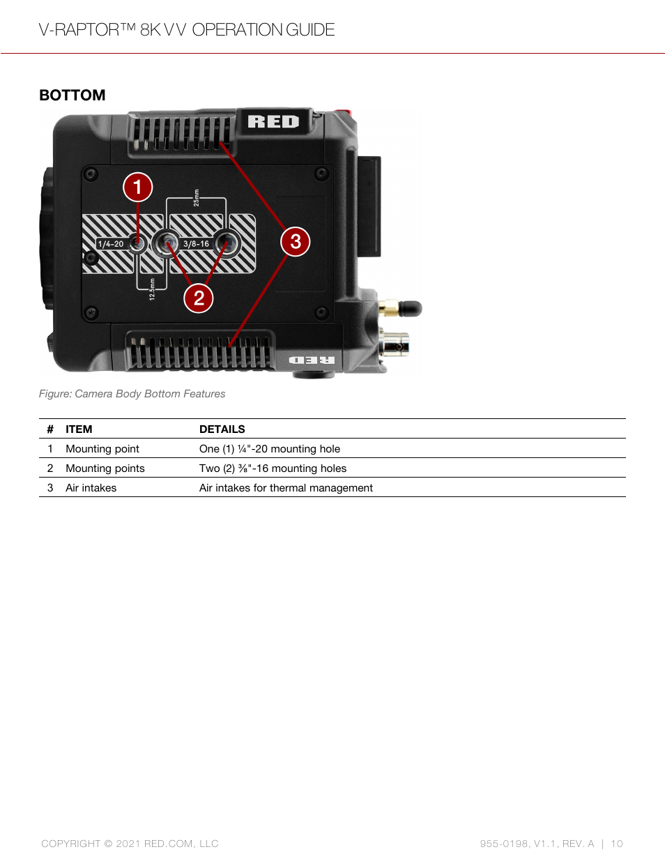 Bottom, V-raptor™ 8k v v operation guide | RED DIGITAL CINEMA V-RAPTOR 8K VV DSMC3 Camera (RF, Black) User Manual | Page 17 / 226