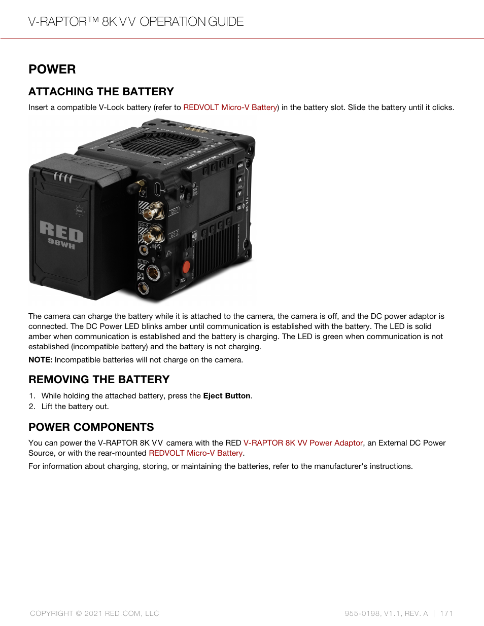 Power, Attaching the battery, Removing the battery | Power components, V-raptor™ 8k v v operation guide | RED DIGITAL CINEMA V-RAPTOR 8K VV DSMC3 Camera (RF, Black) User Manual | Page 178 / 226