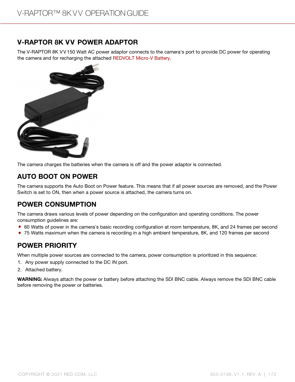 V-raptor 8k vv power adaptor, Auto boot on power, Power consumption | Power priority, V-raptor™ 8k v v operation guide, V-raptor 8k v v power adaptor | RED DIGITAL CINEMA V-RAPTOR 8K VV DSMC3 Camera (RF, Black) User Manual | Page 179 / 226