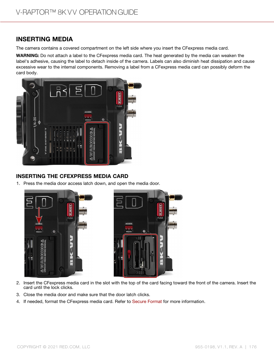 Inserting media, V-raptor™ 8k v v operation guide | RED DIGITAL CINEMA V-RAPTOR 8K VV DSMC3 Camera (RF, Black) User Manual | Page 183 / 226