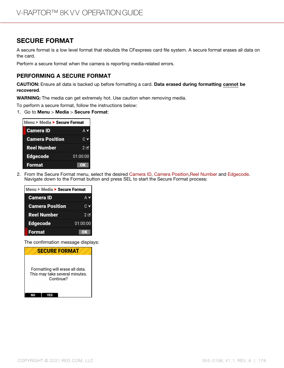 Secure format, V-raptor™ 8k v v operation guide | RED DIGITAL CINEMA V-RAPTOR 8K VV DSMC3 Camera (RF, Black) User Manual | Page 185 / 226
