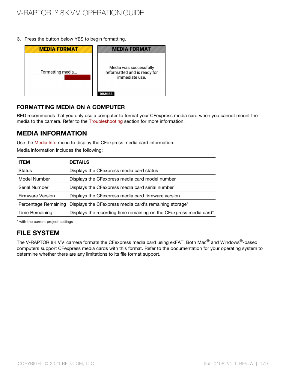 Media information, File system, V-raptor™ 8k v v operation guide | RED DIGITAL CINEMA V-RAPTOR 8K VV DSMC3 Camera (RF, Black) User Manual | Page 186 / 226