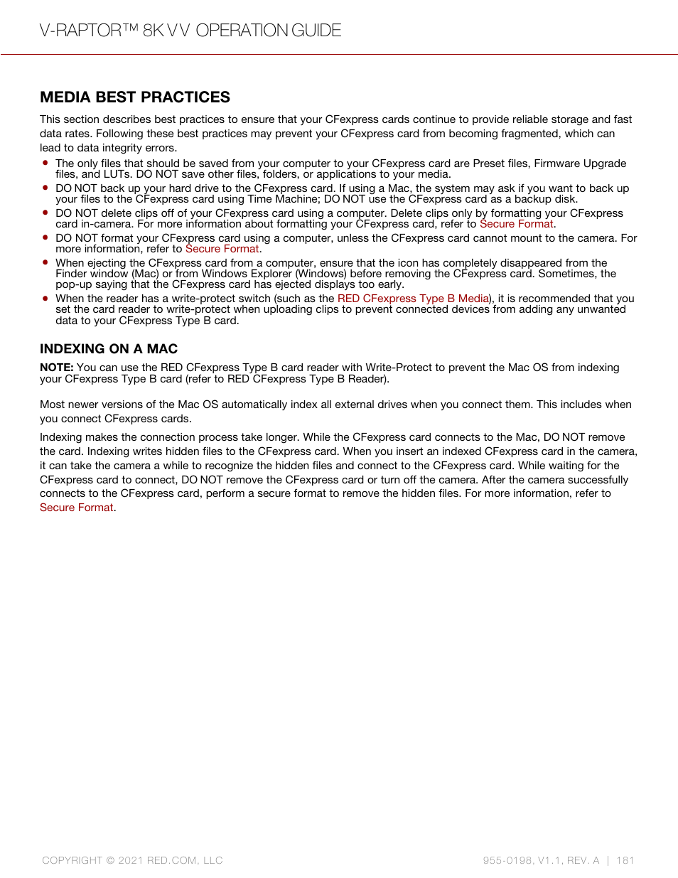 Media best practices, V-raptor™ 8k v v operation guide | RED DIGITAL CINEMA V-RAPTOR 8K VV DSMC3 Camera (RF, Black) User Manual | Page 188 / 226