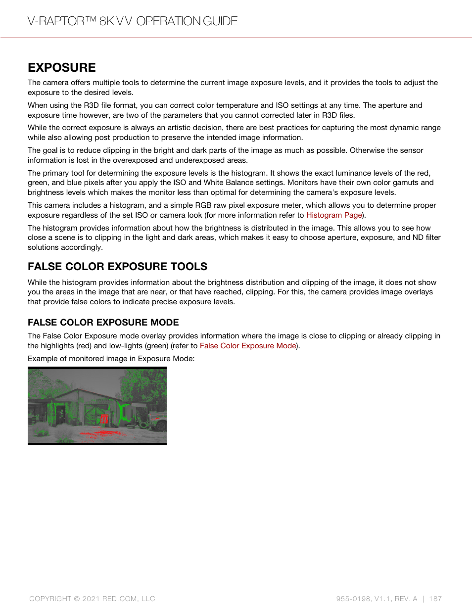 Exposure, False color exposure tools, V-raptor™ 8k v v operation guide | RED DIGITAL CINEMA V-RAPTOR 8K VV DSMC3 Camera (RF, Black) User Manual | Page 194 / 226