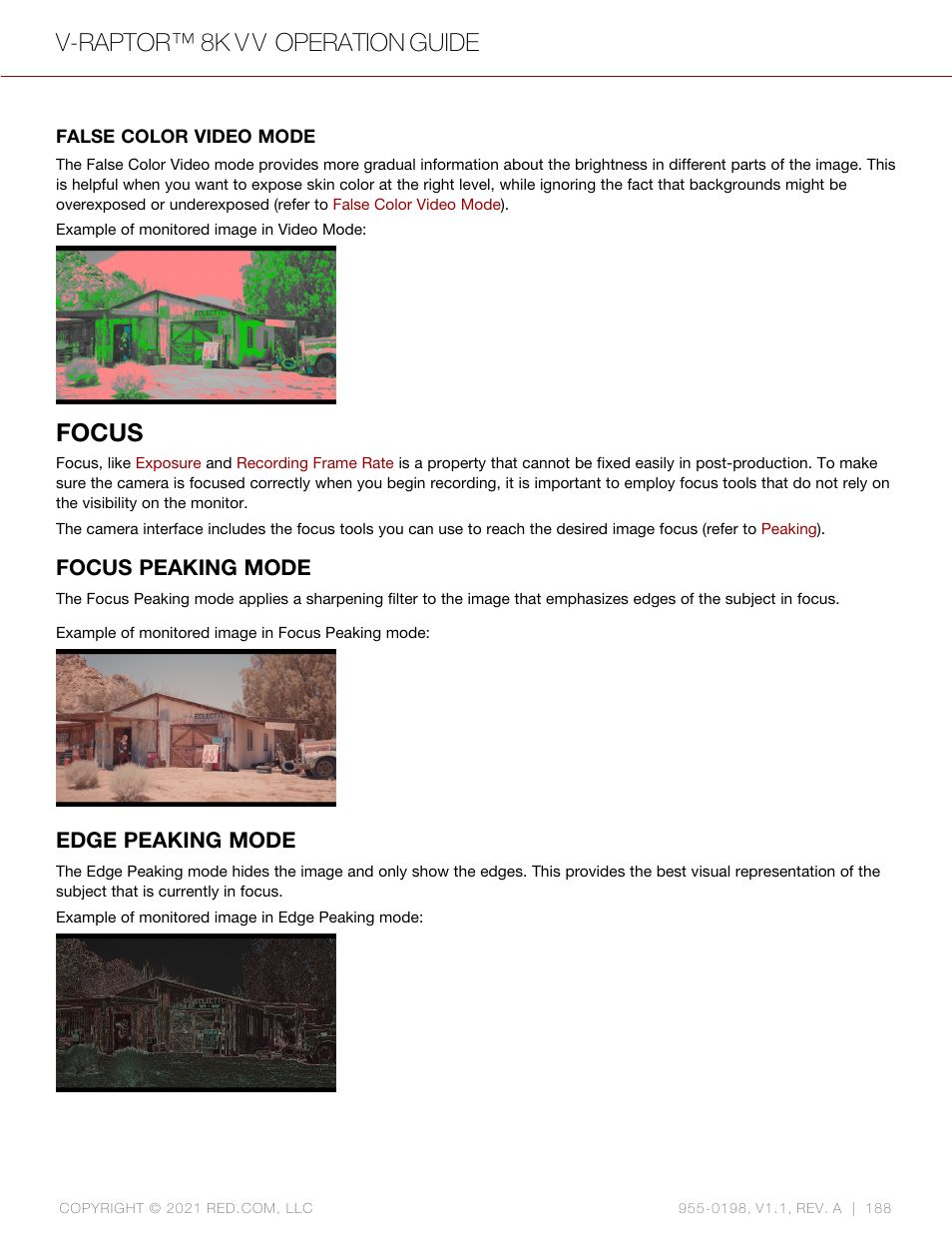 Focus, Focus peaking mode, Edge peaking mode | V-raptor™ 8k v v operation guide | RED DIGITAL CINEMA V-RAPTOR 8K VV DSMC3 Camera (RF, Black) User Manual | Page 195 / 226