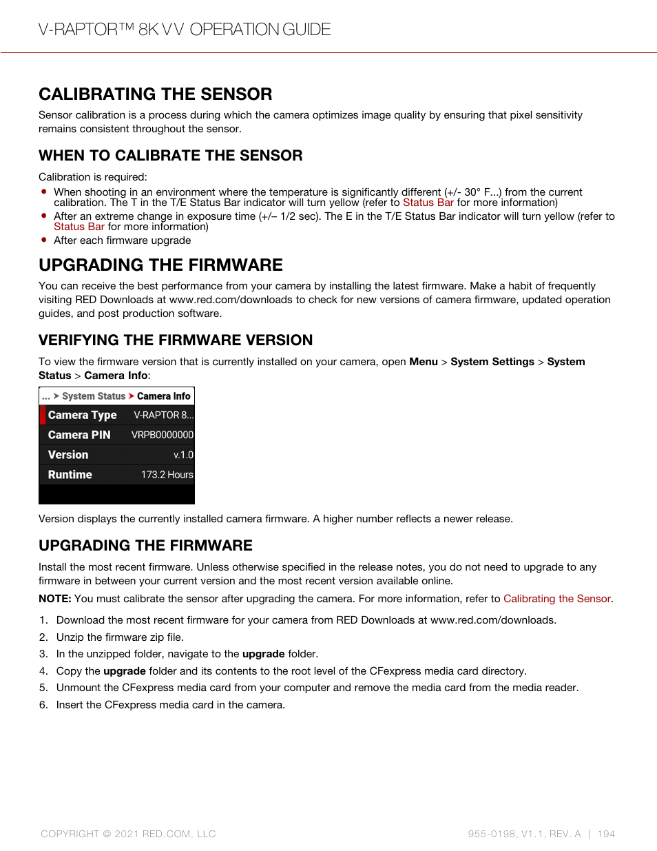 Calibrating the sensor, When to calibrate the sensor, Upgrading the firmware | Verifying the firmware version, V-raptor™ 8k v v operation guide | RED DIGITAL CINEMA V-RAPTOR 8K VV DSMC3 Camera (RF, Black) User Manual | Page 201 / 226