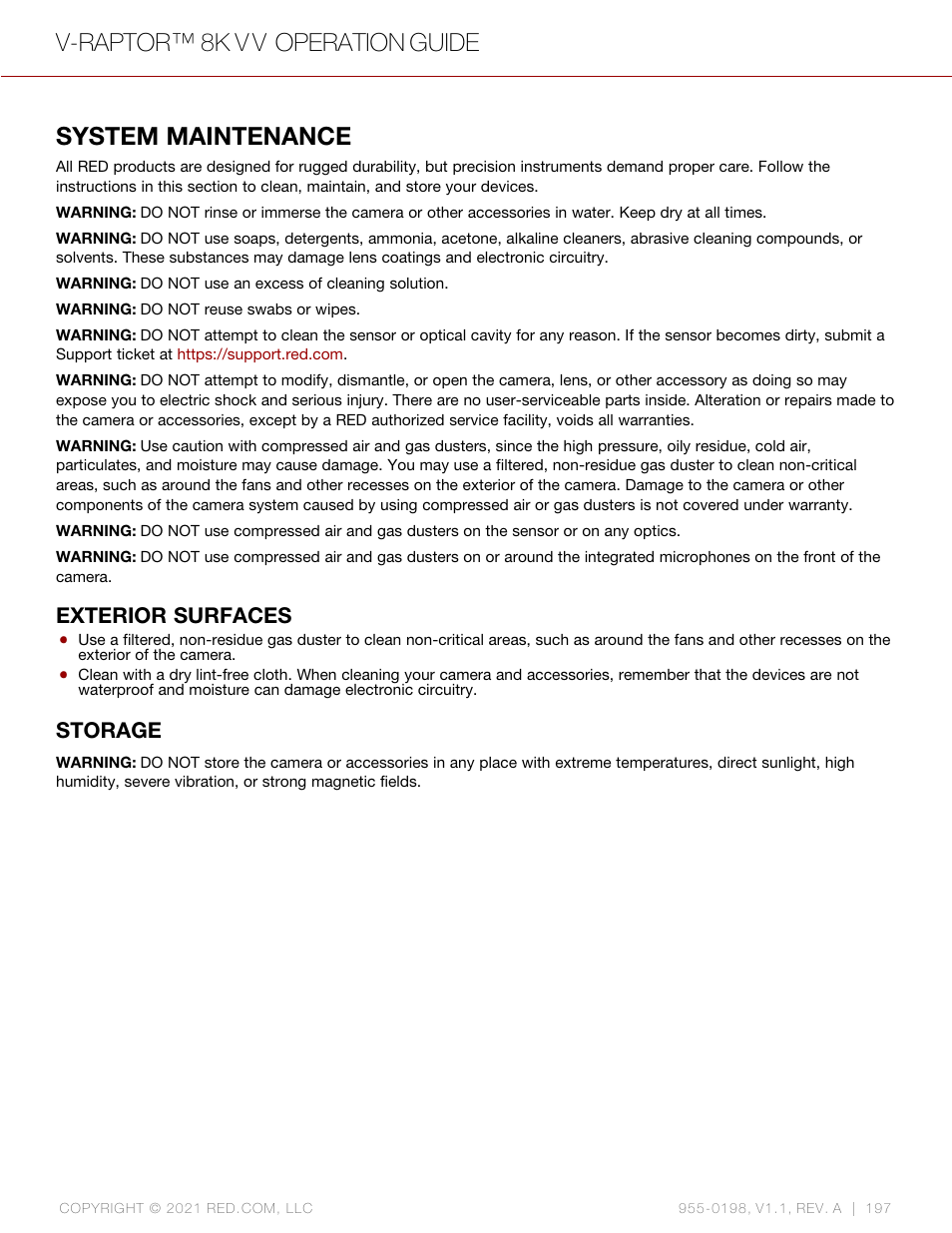 System maintenance, Exterior surfaces, Storage | V-raptor™ 8k v v operation guide | RED DIGITAL CINEMA V-RAPTOR 8K VV DSMC3 Camera (RF, Black) User Manual | Page 204 / 226