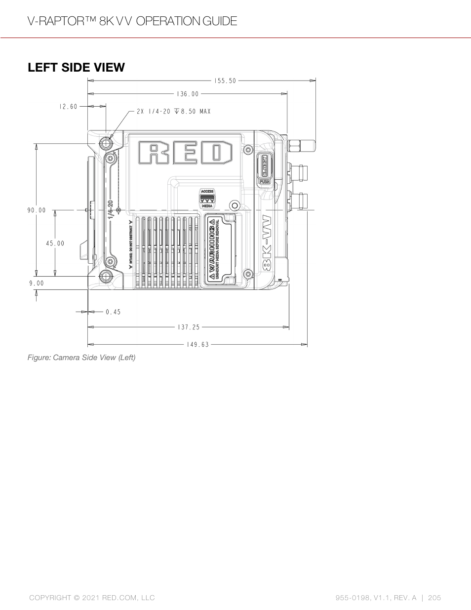 Left side view, V-raptor™ 8k v v operation guide | RED DIGITAL CINEMA V-RAPTOR 8K VV DSMC3 Camera (RF, Black) User Manual | Page 212 / 226