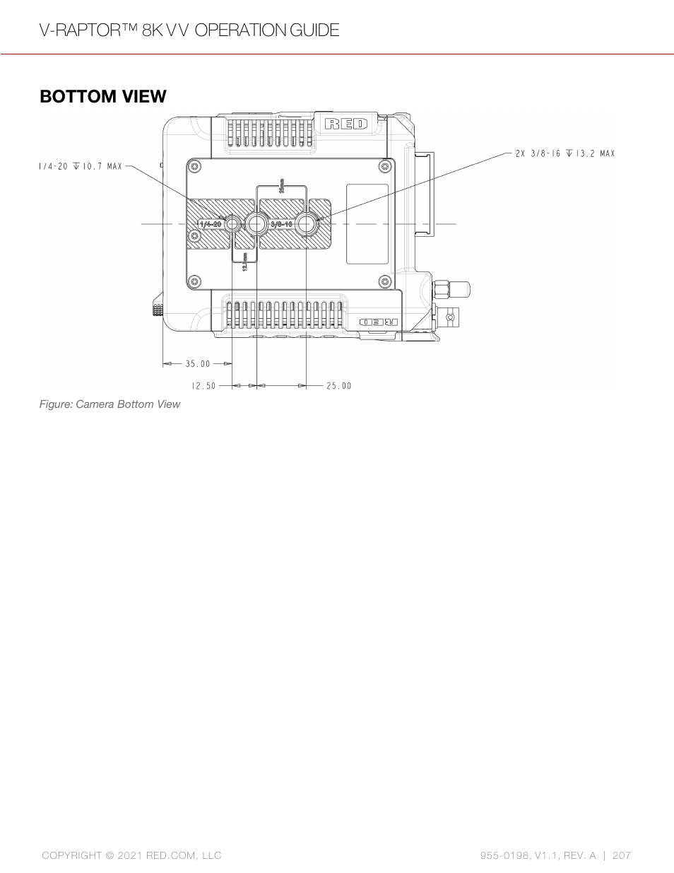 Bottom view, V-raptor™ 8k v v operation guide | RED DIGITAL CINEMA V-RAPTOR 8K VV DSMC3 Camera (RF, Black) User Manual | Page 214 / 226