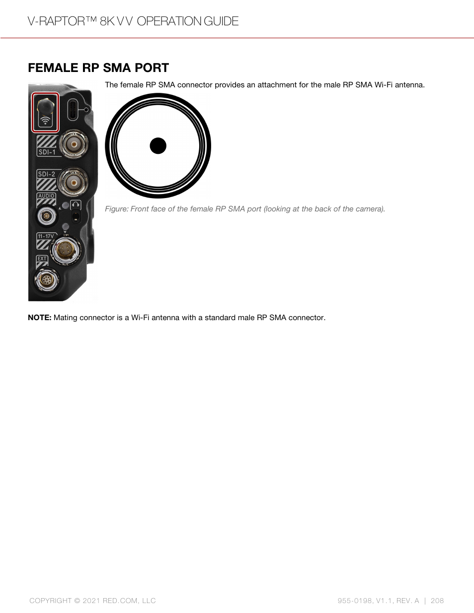 Female rp sma port, V-raptor™ 8k v v operation guide | RED DIGITAL CINEMA V-RAPTOR 8K VV DSMC3 Camera (RF, Black) User Manual | Page 215 / 226