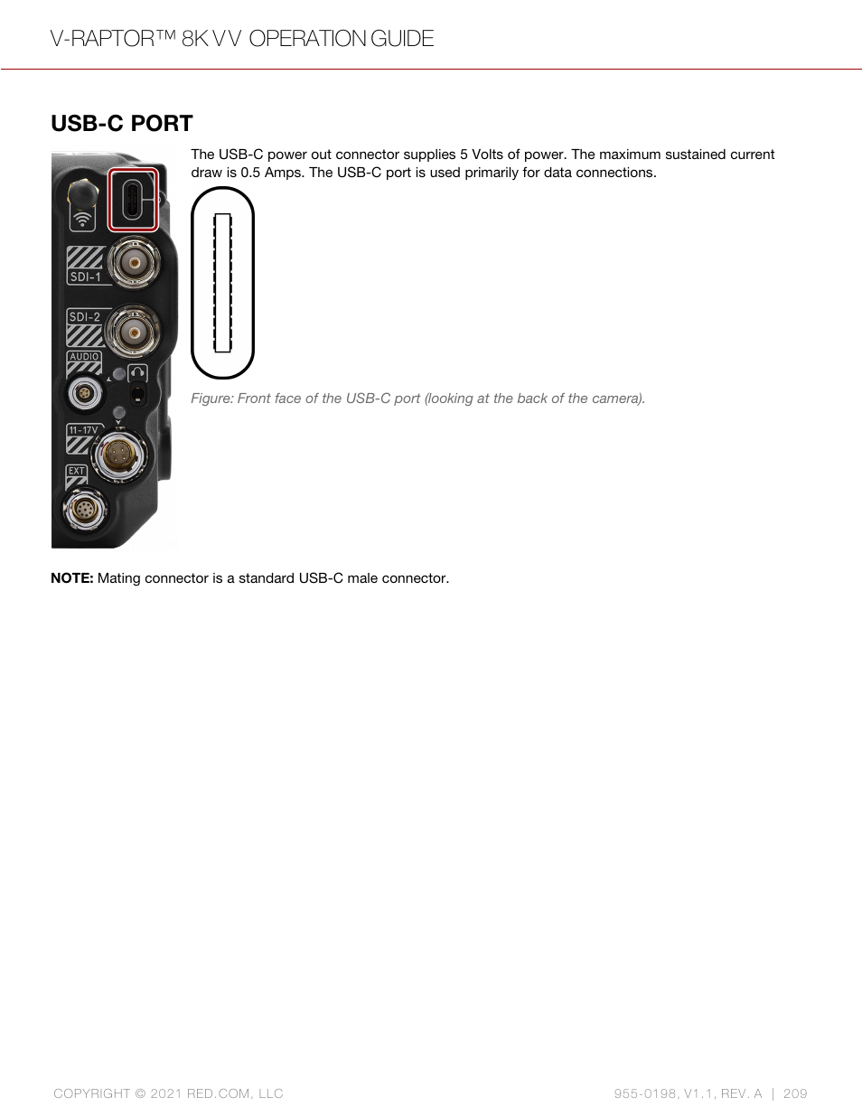 Usb-c port, V-raptor™ 8k v v operation guide | RED DIGITAL CINEMA V-RAPTOR 8K VV DSMC3 Camera (RF, Black) User Manual | Page 216 / 226