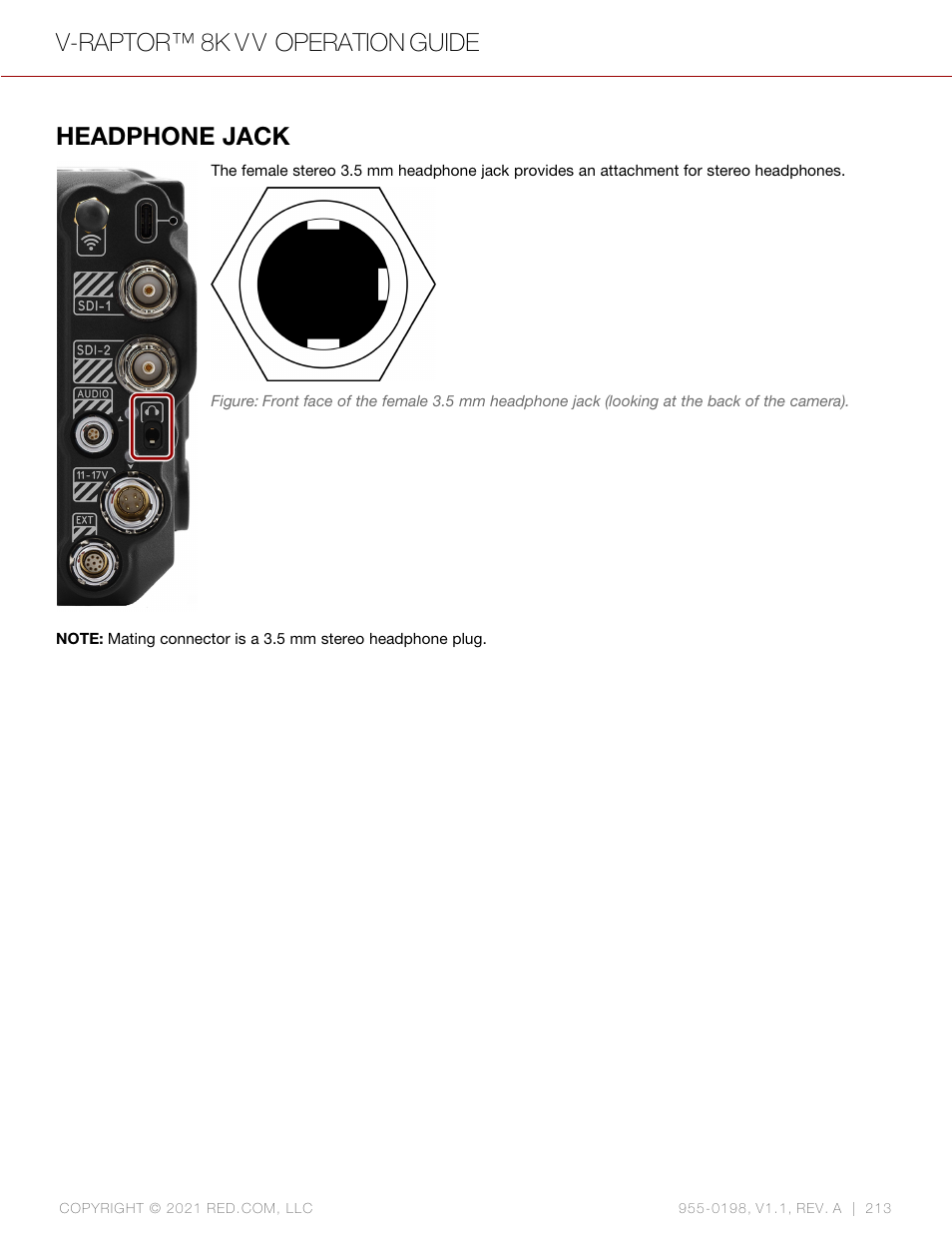 Headphone jack, V-raptor™ 8k v v operation guide | RED DIGITAL CINEMA V-RAPTOR 8K VV DSMC3 Camera (RF, Black) User Manual | Page 220 / 226
