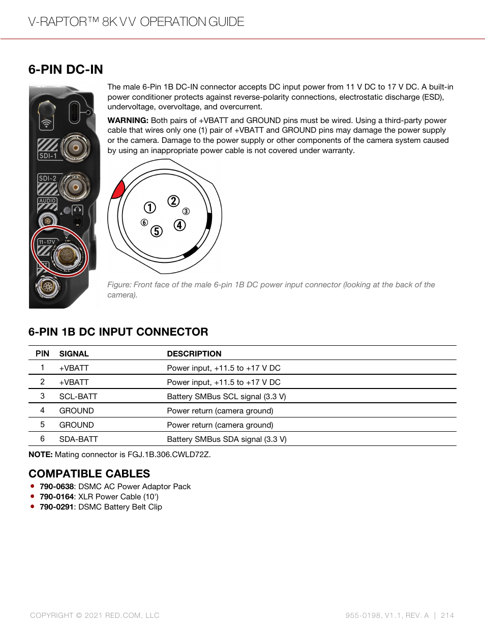 Pin dc-in, Pin 1b dc input connector, Compatible cables | V-raptor™ 8k v v operation guide | RED DIGITAL CINEMA V-RAPTOR 8K VV DSMC3 Camera (RF, Black) User Manual | Page 221 / 226