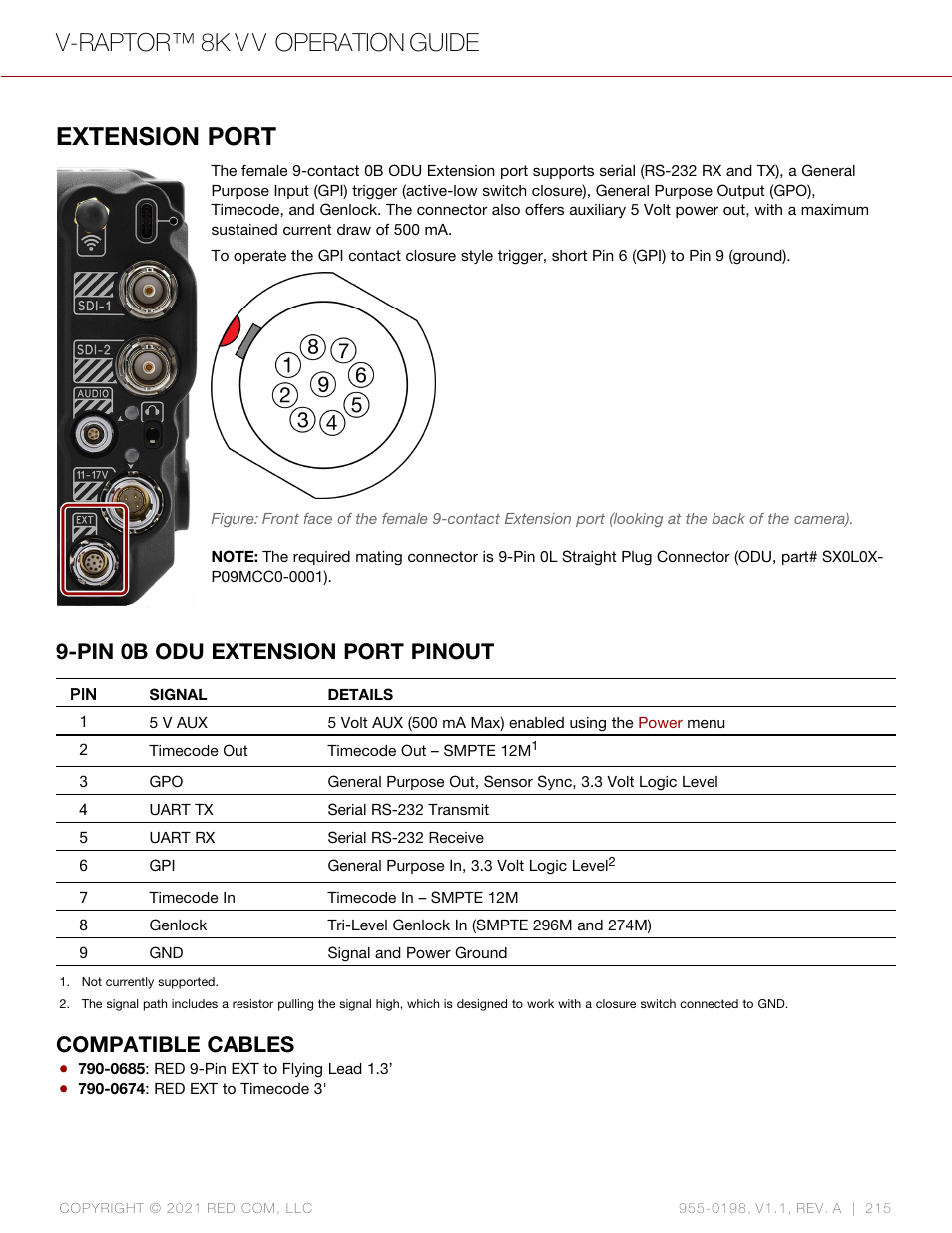 Extension port, Pin 0b odu extension port pinout, Compatible cables | V-raptor™ 8k v v operation guide | RED DIGITAL CINEMA V-RAPTOR 8K VV DSMC3 Camera (RF, Black) User Manual | Page 222 / 226