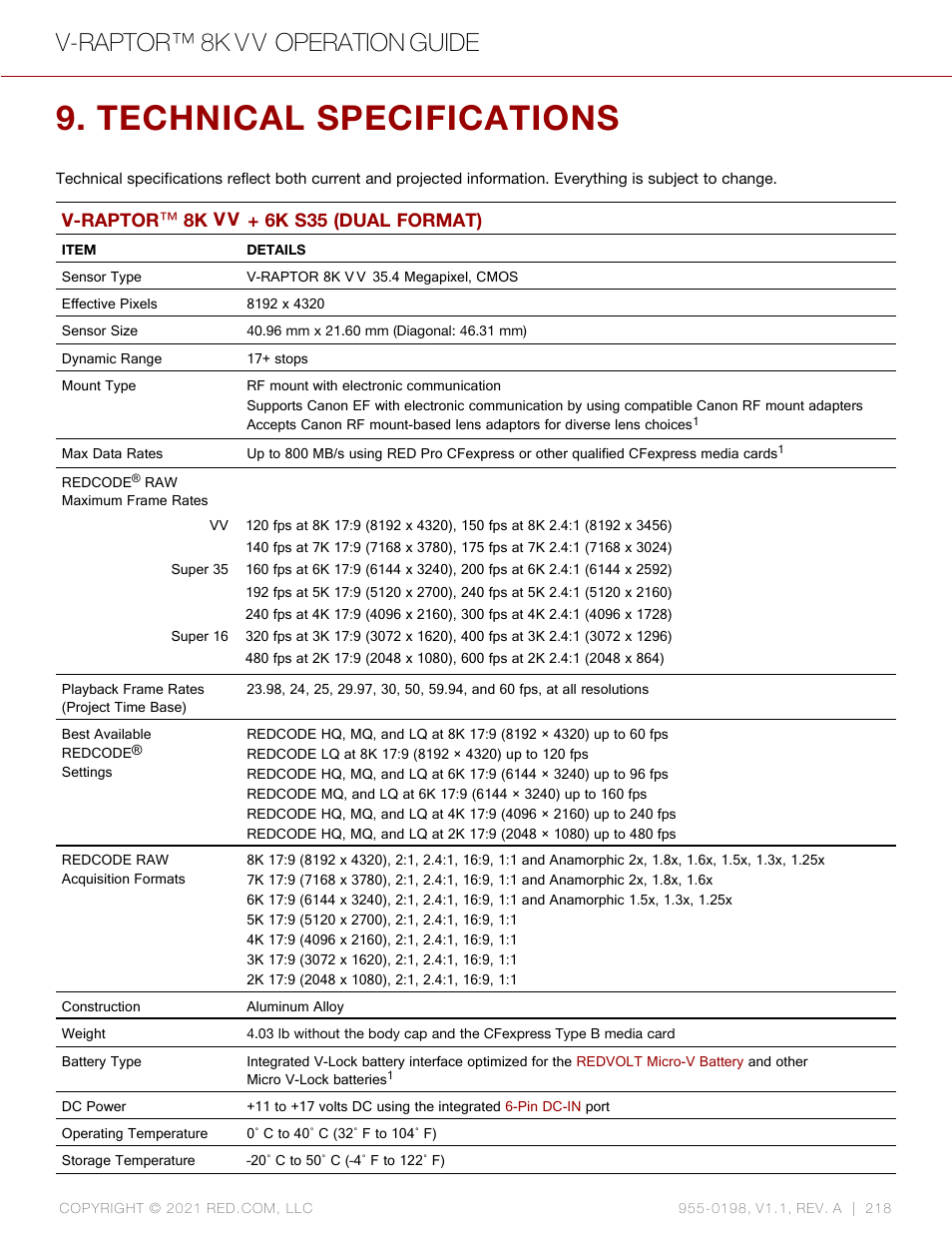 Technical specifications, V-raptor™ 8k v v operation guide, V-raptor ™ 8k v v + 6k s35 (dual format) | RED DIGITAL CINEMA V-RAPTOR 8K VV DSMC3 Camera (RF, Black) User Manual | Page 225 / 226