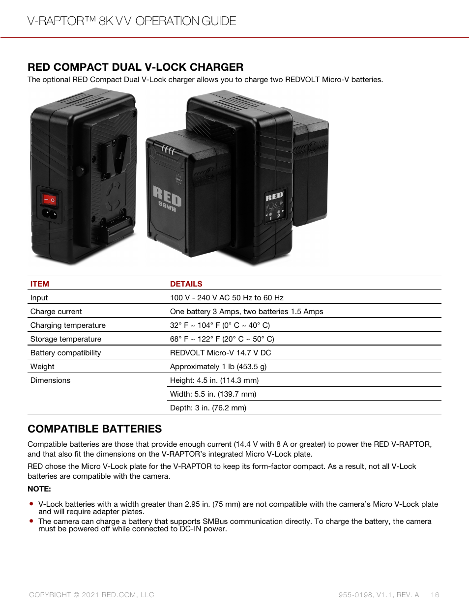 Red compact dual v-lock charger, Compatible batteries, V-raptor™ 8k v v operation guide | RED DIGITAL CINEMA V-RAPTOR 8K VV DSMC3 Camera (RF, Black) User Manual | Page 23 / 226