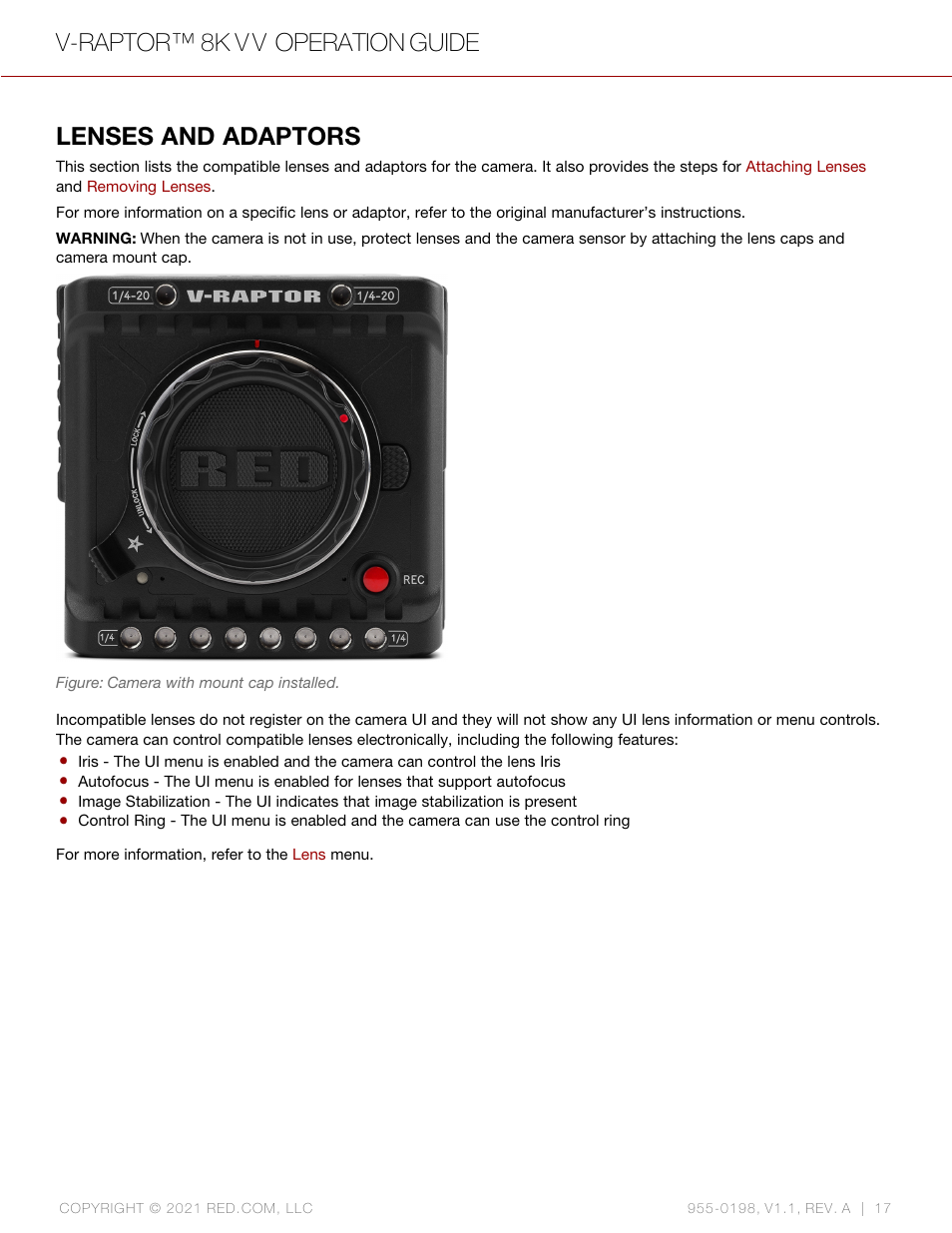 Lenses and adaptors, V-raptor™ 8k v v operation guide | RED DIGITAL CINEMA V-RAPTOR 8K VV DSMC3 Camera (RF, Black) User Manual | Page 24 / 226