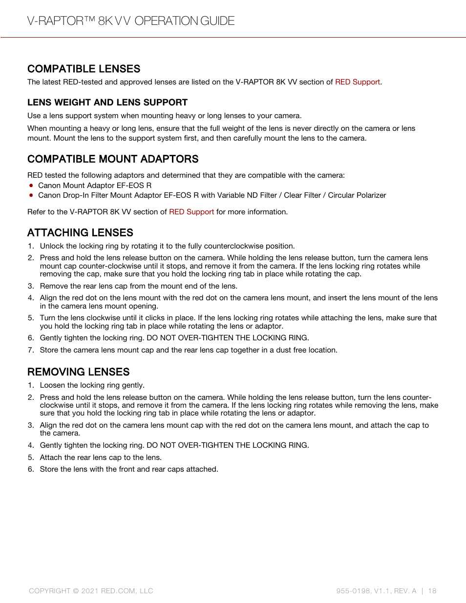 Attaching lenses, Removing lenses, V-raptor™ 8k v v operation guide | Compatible lenses, Compatible mount adaptors | RED DIGITAL CINEMA V-RAPTOR 8K VV DSMC3 Camera (RF, Black) User Manual | Page 25 / 226