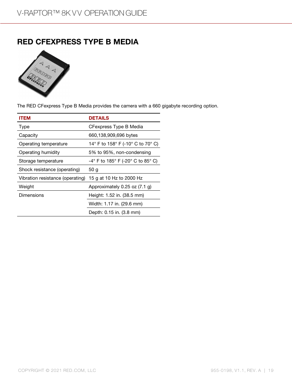 Red cfexpress type b media, V-raptor™ 8k v v operation guide | RED DIGITAL CINEMA V-RAPTOR 8K VV DSMC3 Camera (RF, Black) User Manual | Page 26 / 226