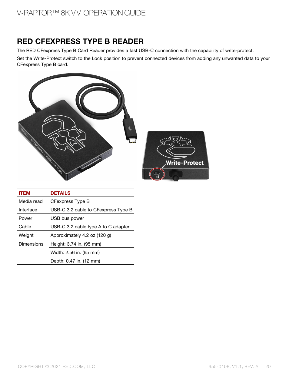 Red cfexpress type b reader, V-raptor™ 8k v v operation guide | RED DIGITAL CINEMA V-RAPTOR 8K VV DSMC3 Camera (RF, Black) User Manual | Page 27 / 226