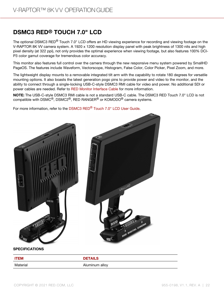 Dsmc3 red® touch 7.0 lcd, Dsmc3 red® touch 7.0" lcd, Dsmc3 red | Touch 7.0" lcd, V-raptor™ 8k v v operation guide | RED DIGITAL CINEMA V-RAPTOR 8K VV DSMC3 Camera (RF, Black) User Manual | Page 29 / 226