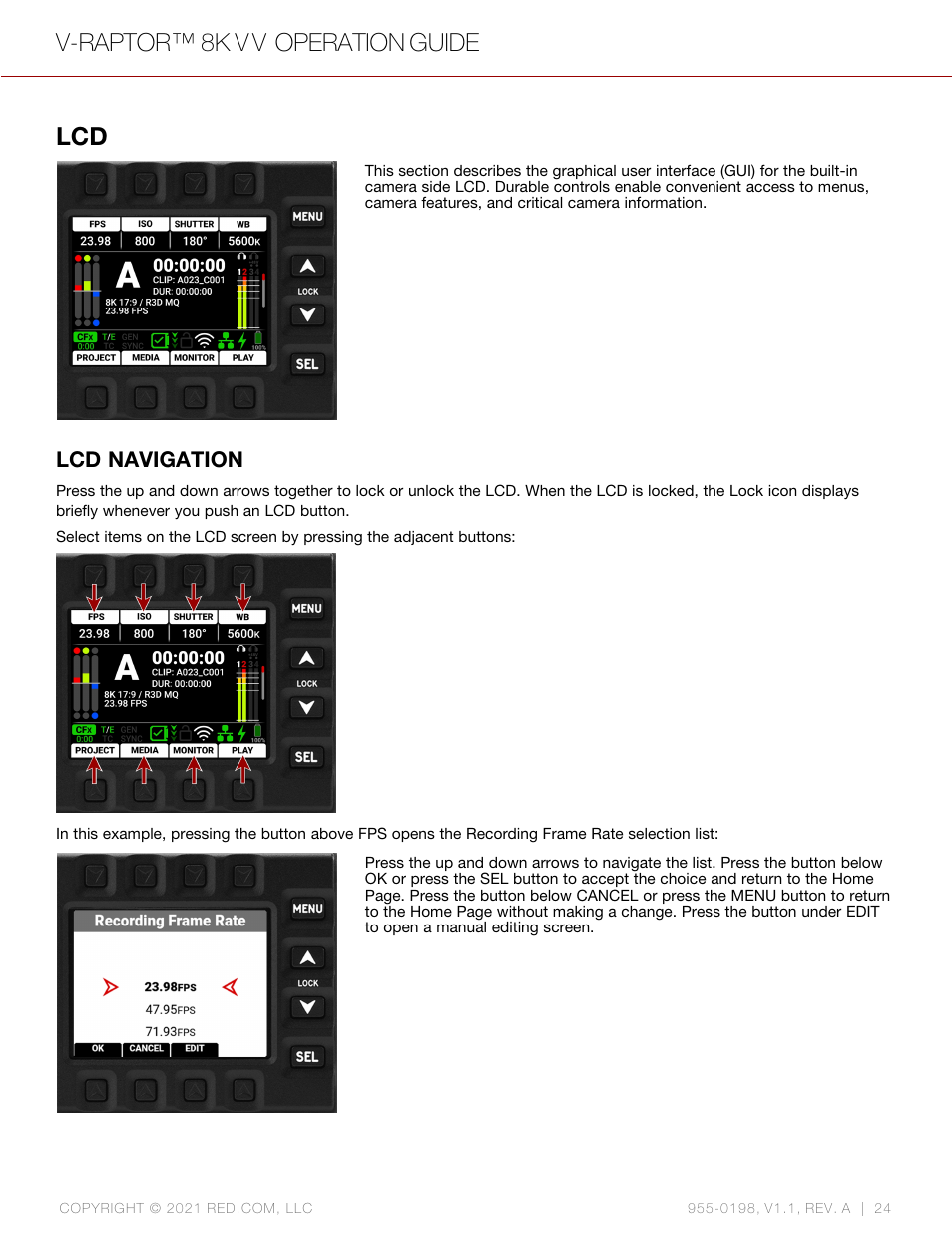 Lcd navigation, V-raptor™ 8k v v operation guide | RED DIGITAL CINEMA V-RAPTOR 8K VV DSMC3 Camera (RF, Black) User Manual | Page 31 / 226