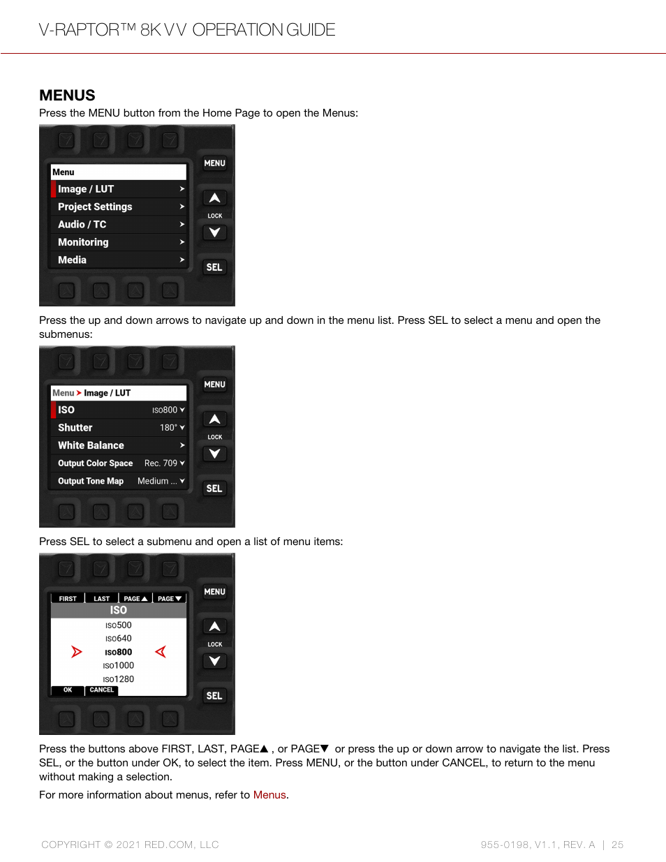 Menus, V-raptor™ 8k v v operation guide | RED DIGITAL CINEMA V-RAPTOR 8K VV DSMC3 Camera (RF, Black) User Manual | Page 32 / 226