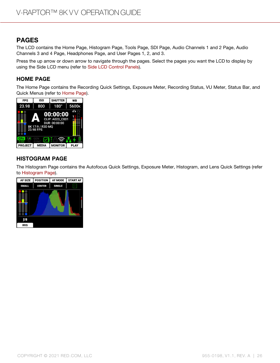 V-raptor™ 8k v v operation guide, Pages | RED DIGITAL CINEMA V-RAPTOR 8K VV DSMC3 Camera (RF, Black) User Manual | Page 33 / 226