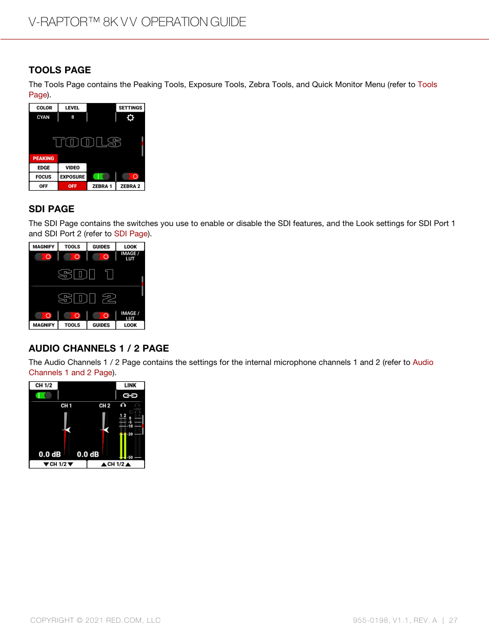 V-raptor™ 8k v v operation guide | RED DIGITAL CINEMA V-RAPTOR 8K VV DSMC3 Camera (RF, Black) User Manual | Page 34 / 226