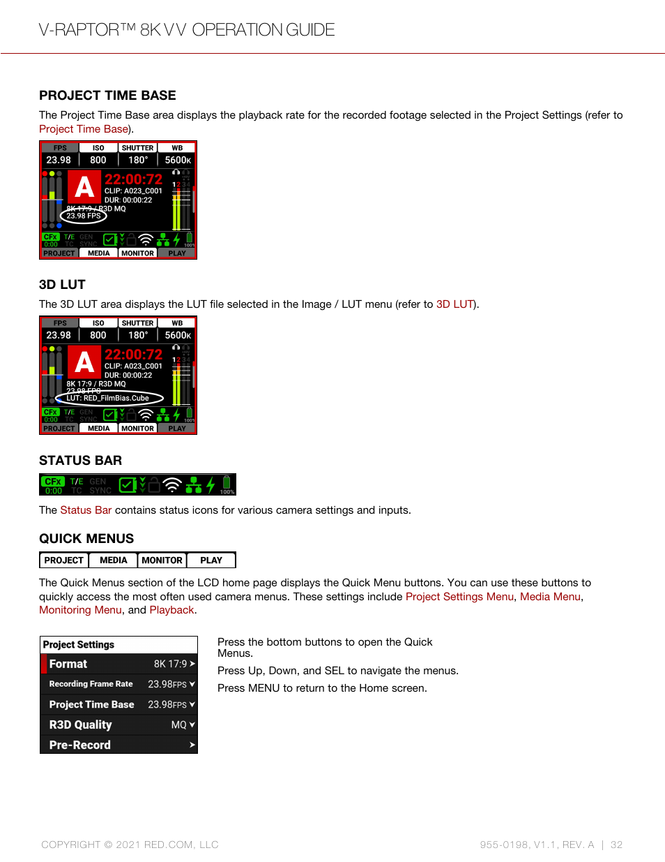 V-raptor™ 8k v v operation guide | RED DIGITAL CINEMA V-RAPTOR 8K VV DSMC3 Camera (RF, Black) User Manual | Page 39 / 226