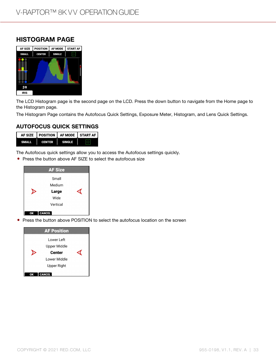 V-raptor™ 8k v v operation guide, Histogram page | RED DIGITAL CINEMA V-RAPTOR 8K VV DSMC3 Camera (RF, Black) User Manual | Page 40 / 226