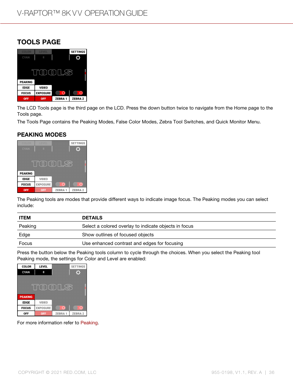 Tools, V-raptor™ 8k v v operation guide, Tools page | RED DIGITAL CINEMA V-RAPTOR 8K VV DSMC3 Camera (RF, Black) User Manual | Page 43 / 226