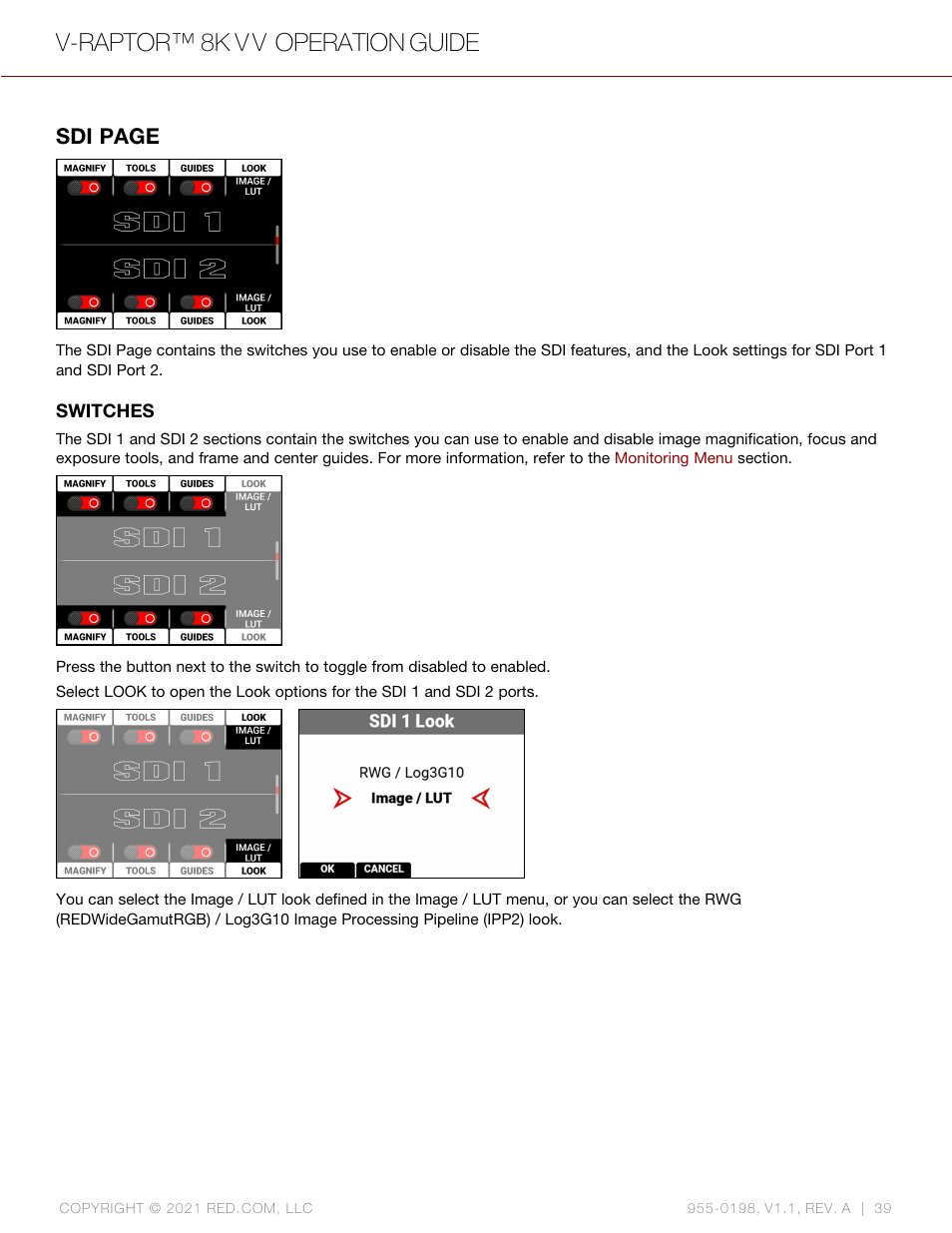V-raptor™ 8k v v operation guide, Sdi page | RED DIGITAL CINEMA V-RAPTOR 8K VV DSMC3 Camera (RF, Black) User Manual | Page 46 / 226