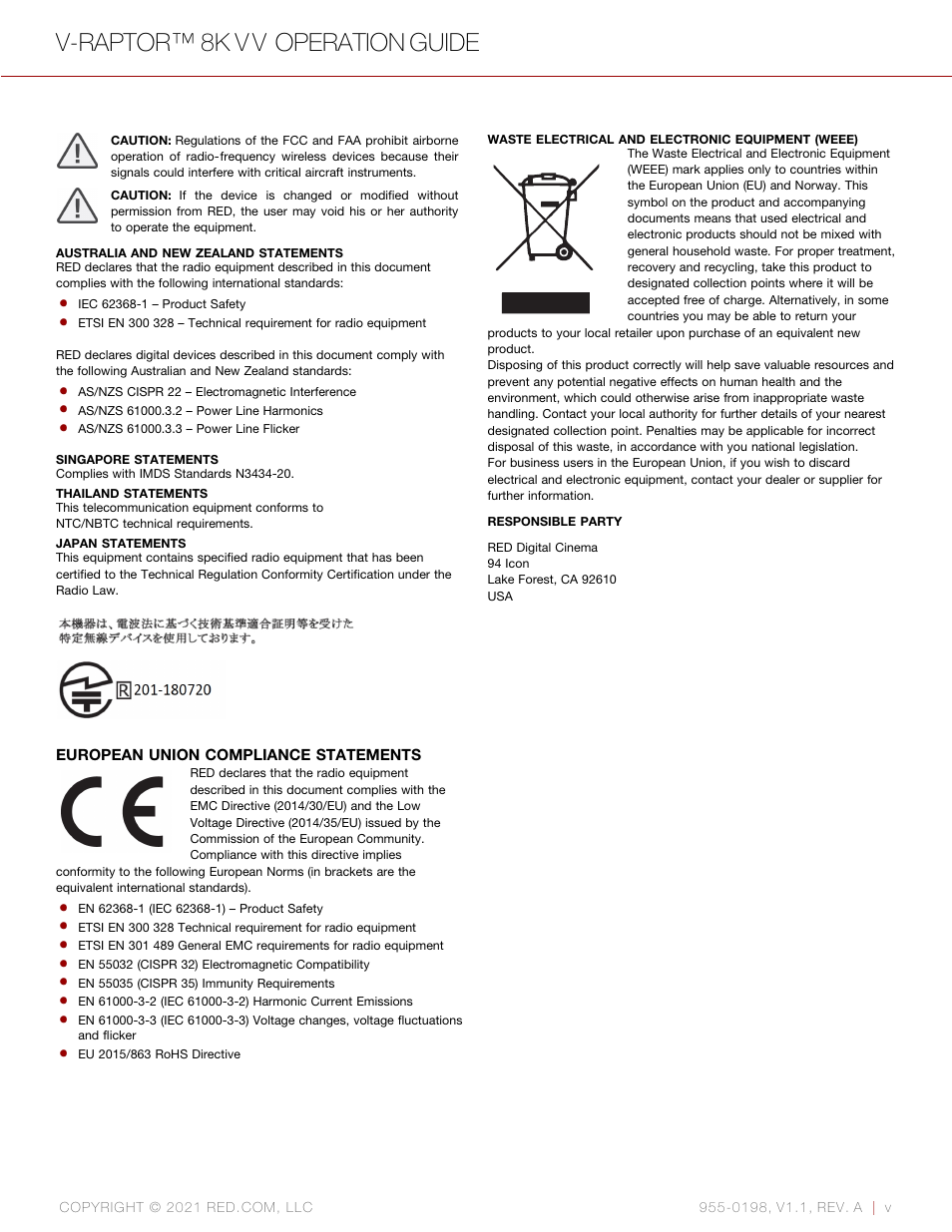 V-raptor™ 8k v v operation guide | RED DIGITAL CINEMA V-RAPTOR 8K VV DSMC3 Camera (RF, Black) User Manual | Page 5 / 226