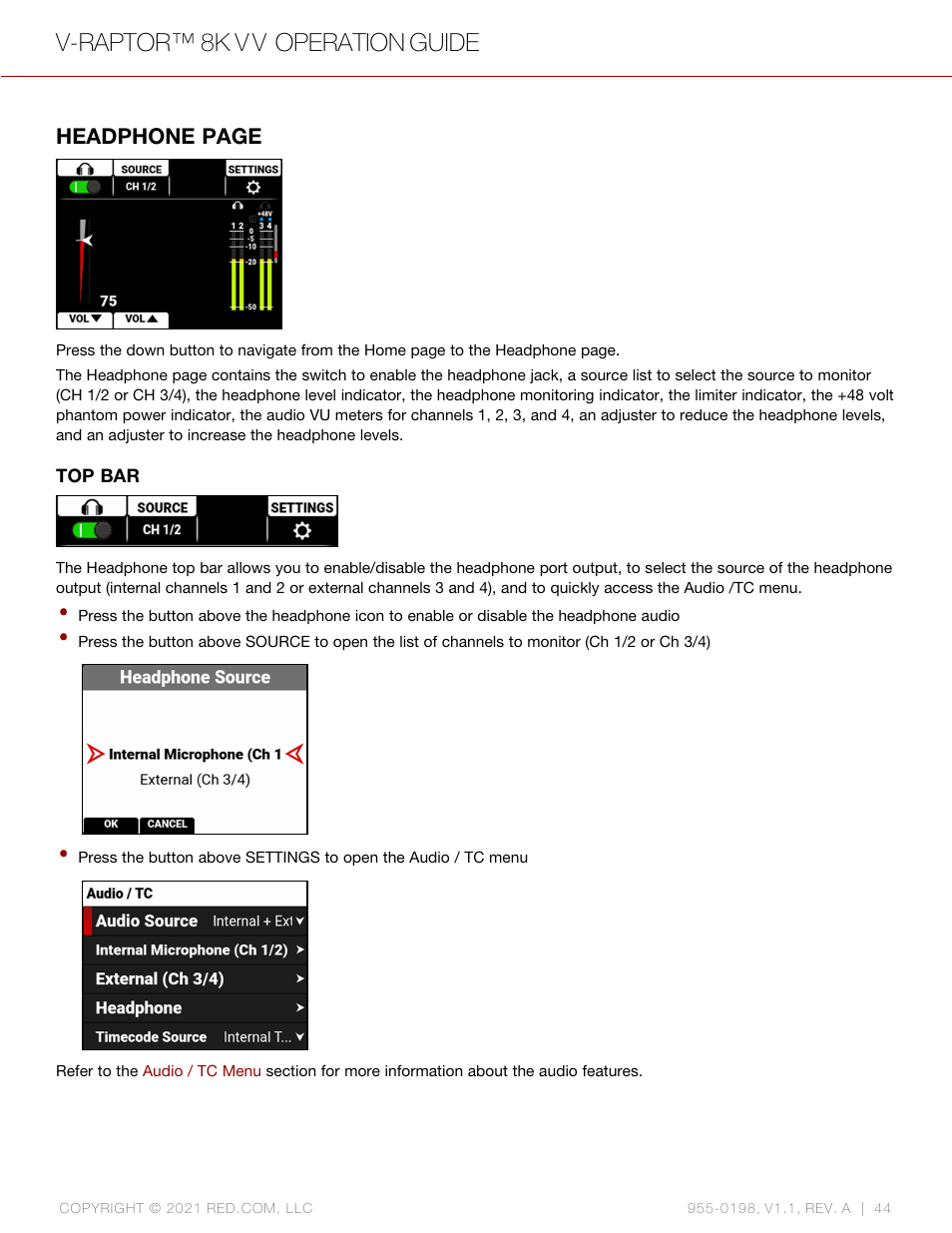 V-raptor™ 8k v v operation guide, Headphone page | RED DIGITAL CINEMA V-RAPTOR 8K VV DSMC3 Camera (RF, Black) User Manual | Page 51 / 226