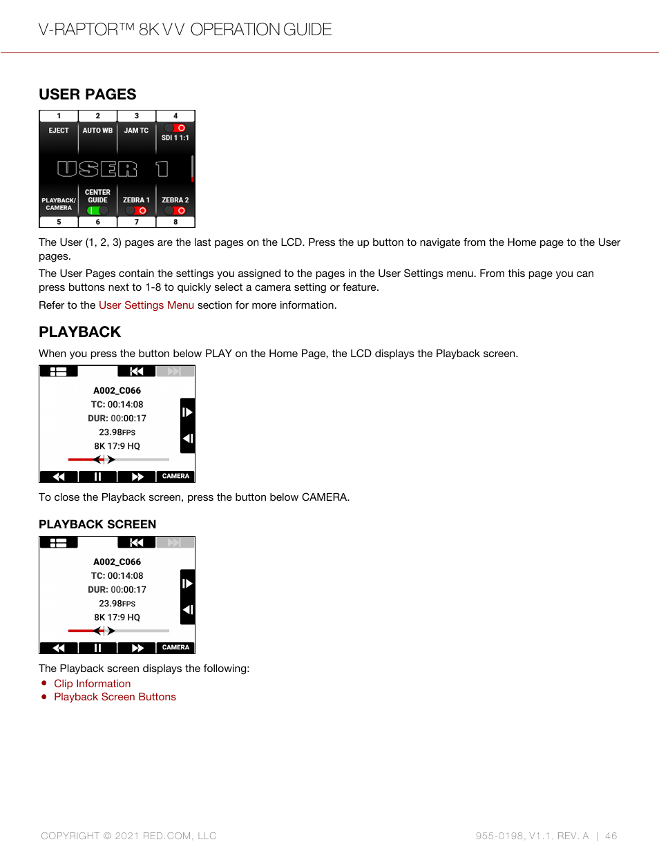 Playback, V-raptor™ 8k v v operation guide, User pages | RED DIGITAL CINEMA V-RAPTOR 8K VV DSMC3 Camera (RF, Black) User Manual | Page 53 / 226