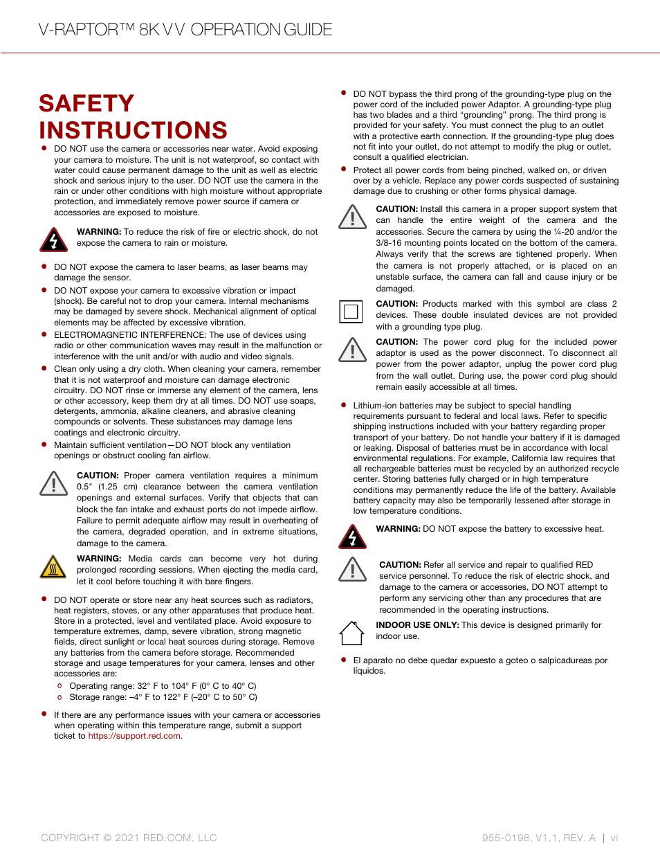 Safety instructions, V-raptor™ 8k v v operation guide | RED DIGITAL CINEMA V-RAPTOR 8K VV DSMC3 Camera (RF, Black) User Manual | Page 6 / 226