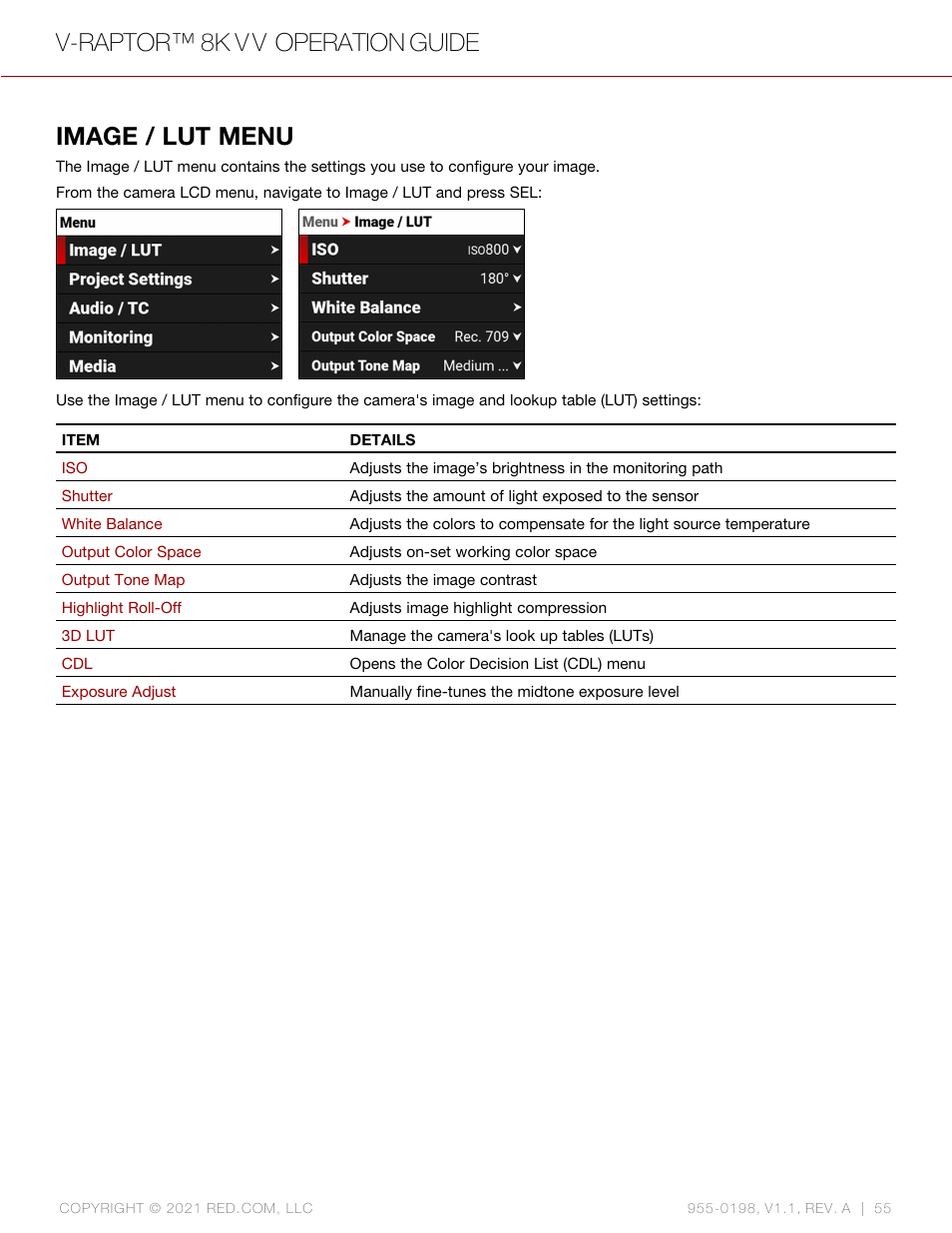 Image / lut menu, V-raptor™ 8k v v operation guide | RED DIGITAL CINEMA V-RAPTOR 8K VV DSMC3 Camera (RF, Black) User Manual | Page 62 / 226