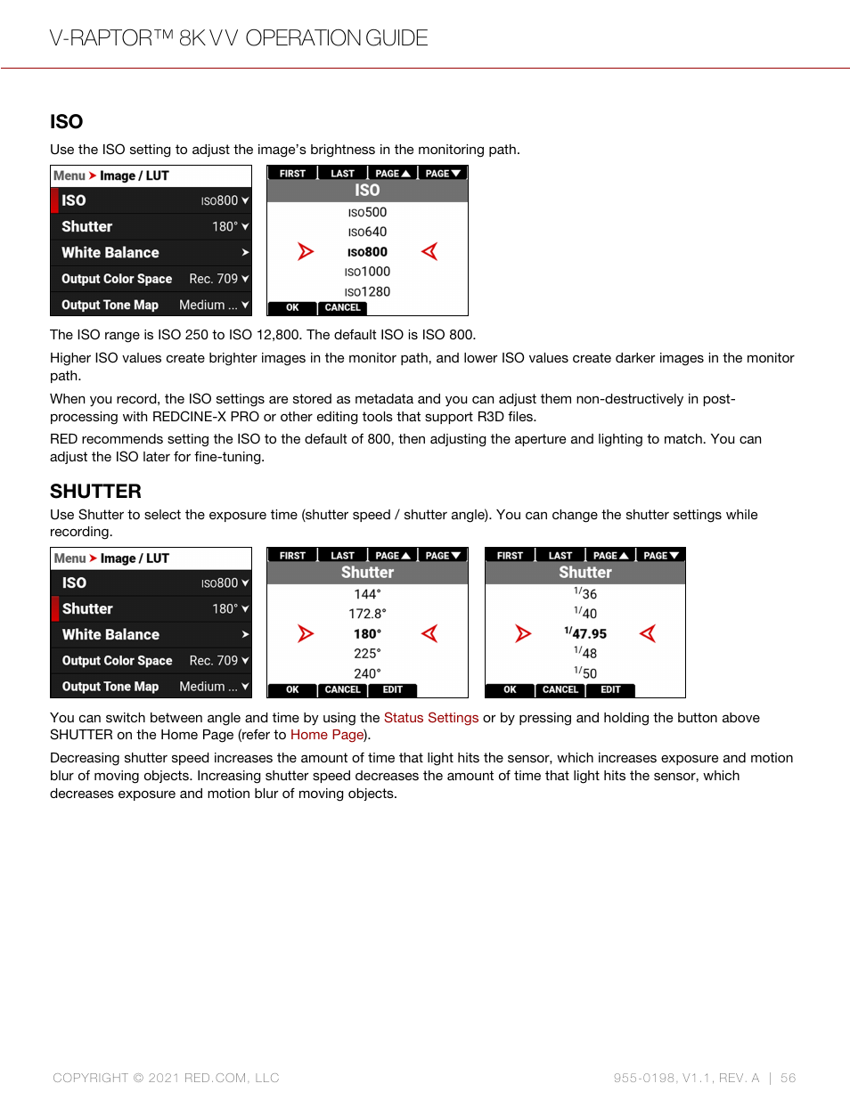 Shutter, V-raptor™ 8k v v operation guide | RED DIGITAL CINEMA V-RAPTOR 8K VV DSMC3 Camera (RF, Black) User Manual | Page 63 / 226