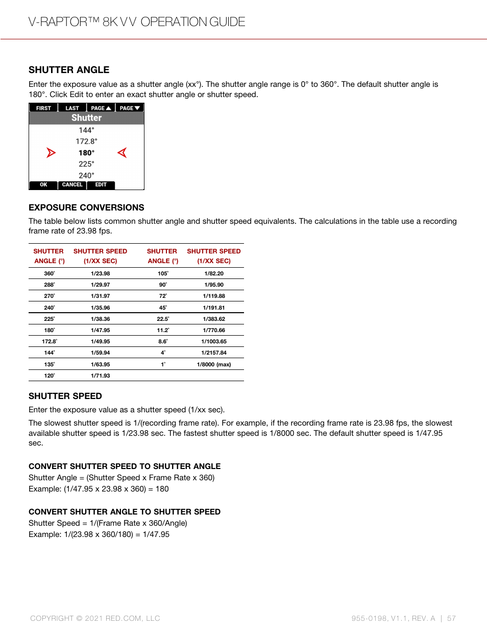 V-raptor™ 8k v v operation guide, Shutter angle, Exposure conversions | Shutter speed | RED DIGITAL CINEMA V-RAPTOR 8K VV DSMC3 Camera (RF, Black) User Manual | Page 64 / 226