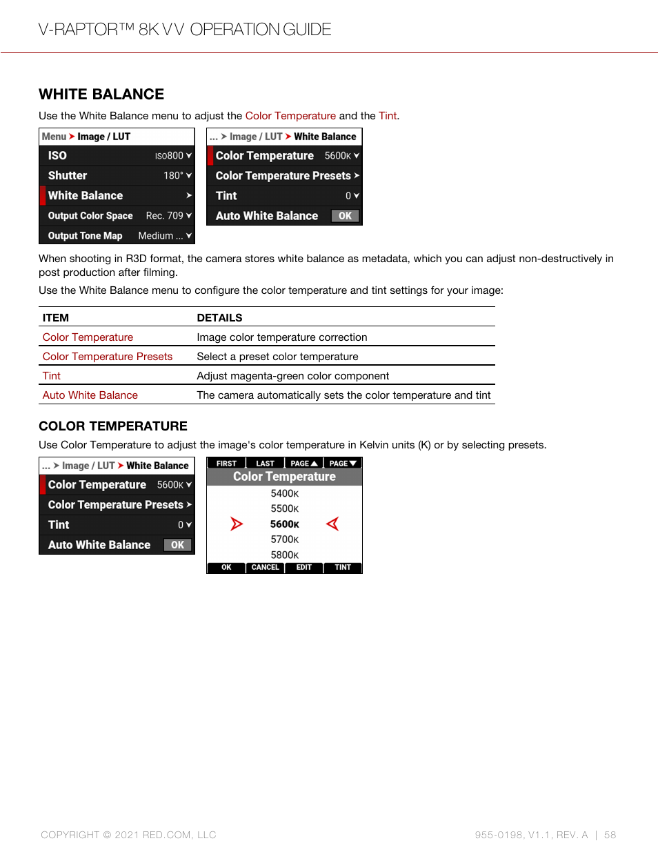 White balance, V-raptor™ 8k v v operation guide | RED DIGITAL CINEMA V-RAPTOR 8K VV DSMC3 Camera (RF, Black) User Manual | Page 65 / 226